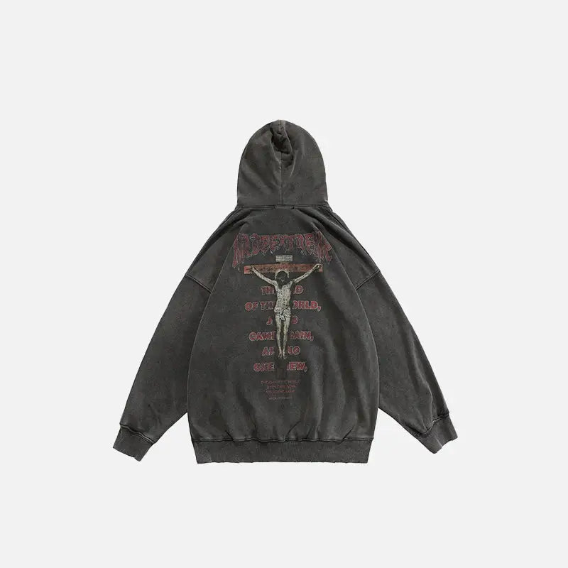 Crucifix Washed Hoodie in Y2K Style - Trendy Grunge Aesthetic for Effortless Cool