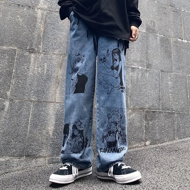 Custom Anime Manga Jeans - Y2K Aesthetic Denim Pants for Unique Style and Comfort