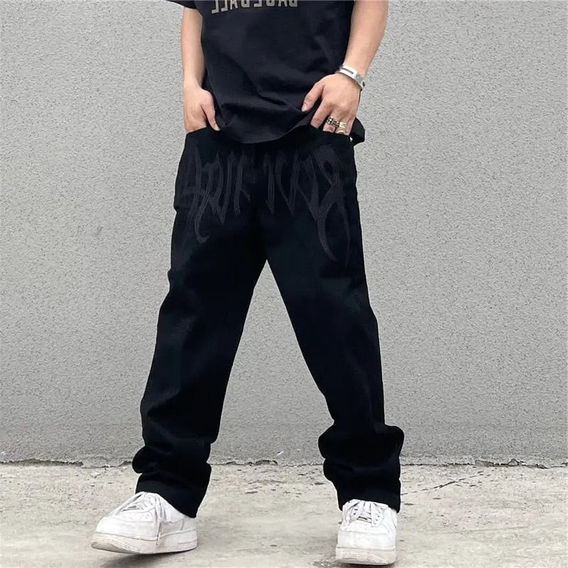 Customized Y2K Black Jeans for Streetwear - Trendy Grunge Aesthetic Fashion