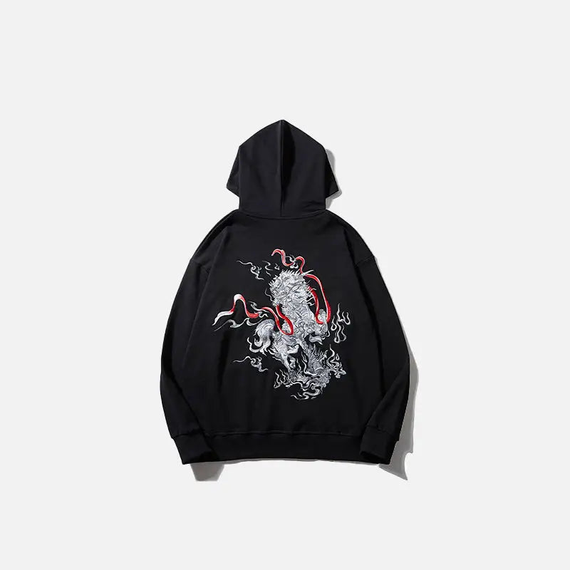 Embroidered Dragon Oversized Y2K Hoodie - Trendy Grunge Aesthetic Streetwear Top