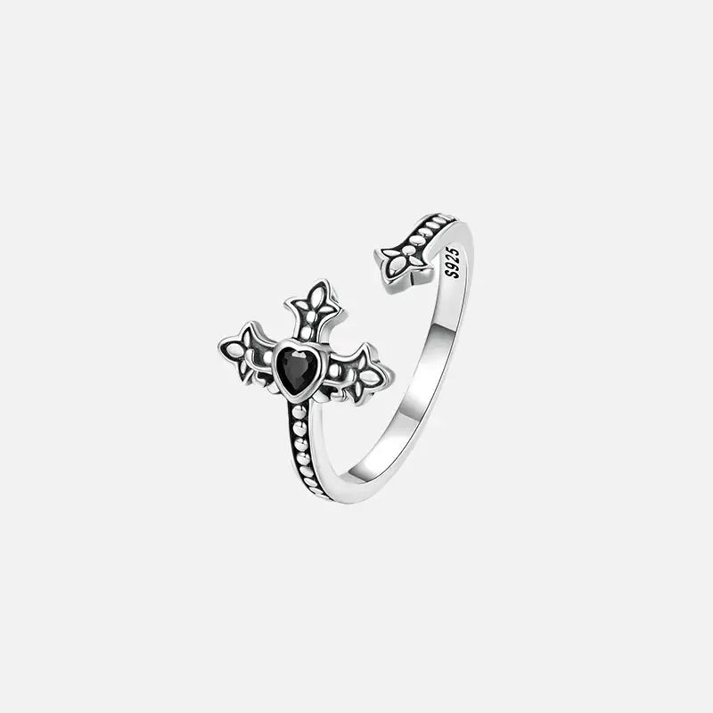 Faith Cross Black Zircon 925 Sterling Silver Ring - Y2K Aesthetic Jewelry Piece