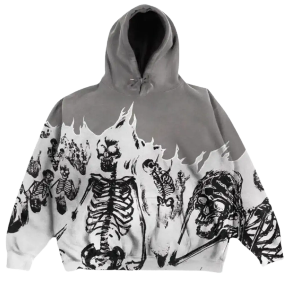 Flaming Skeleton Y2K Hoodie in Grey - Trendy Grunge Aesthetic for Bold Fashionistas