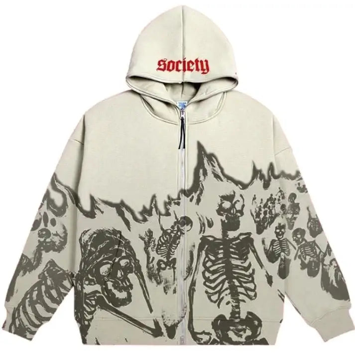 Flaming Skeleton Y2K Zipper Hoodie in Washed Gray - Trendy Grunge Aesthetic Top