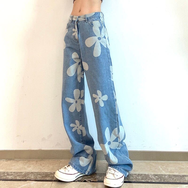 Floral Print Y2K Jeans for a Cute Coquette Aesthetic Look