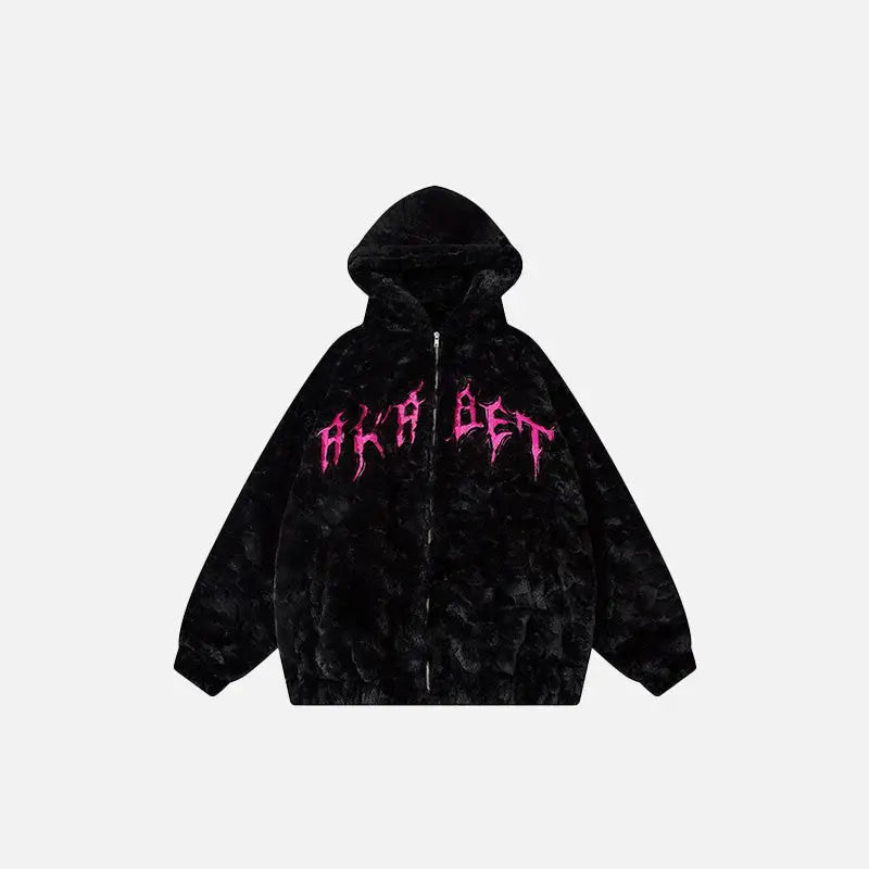 Fuzzy Embroidery Black Y2K Jacket for Cozy Grunge Aesthetic Outfits