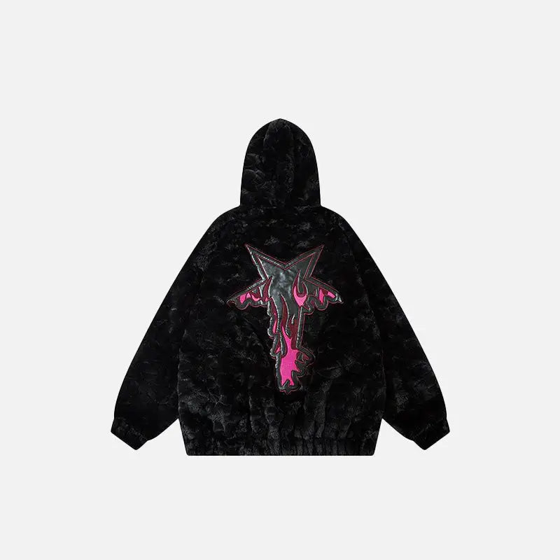 Fuzzy Embroidery Black Y2K Jacket for Cozy Grunge Aesthetic Outfits