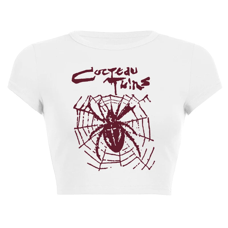 Goth Baby Tee with Spider Print - Y2K Grunge Aesthetic Cute Top for Alternative Fashion