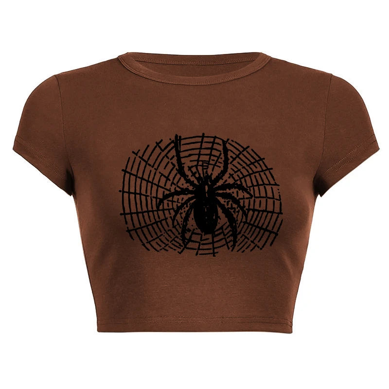 Goth Baby Tee with Spider Print - Y2K Grunge Aesthetic Cute Top for Alternative Fashion