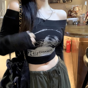 Gothic Long Sleeve Crop Top - Y2K Grunge Style with Edgy Aesthetic Appeal