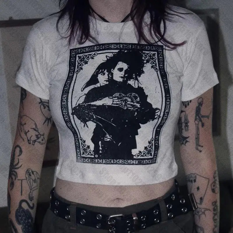 Gothic Y2K Crop Top: Edgy Grunge Aesthetic with Vintage Charm for Trendy Outfits