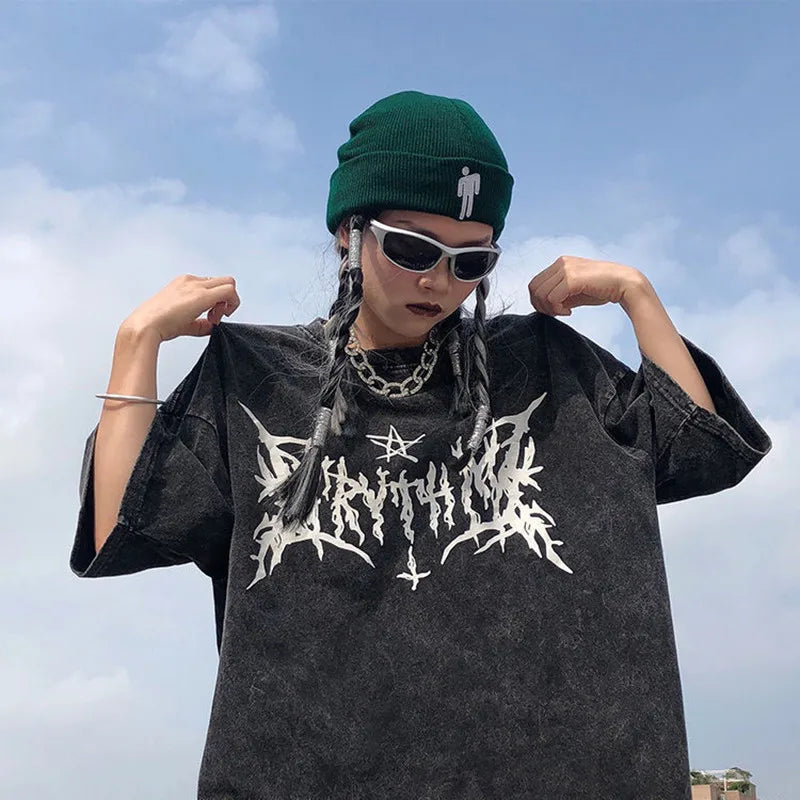 Gothic Y2K Oversized Shirt: Edgy Grunge Aesthetic Top for Unique Style Enthusiasts