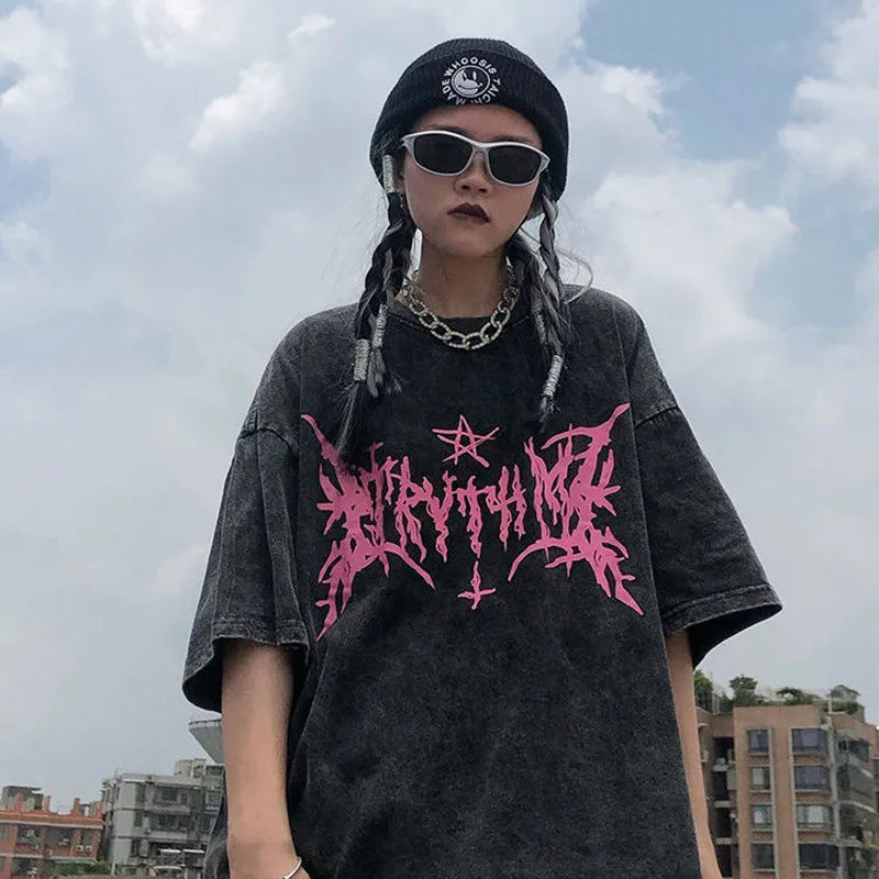 Gothic Y2K Oversized Shirt: Edgy Grunge Aesthetic Top for Unique Style Enthusiasts