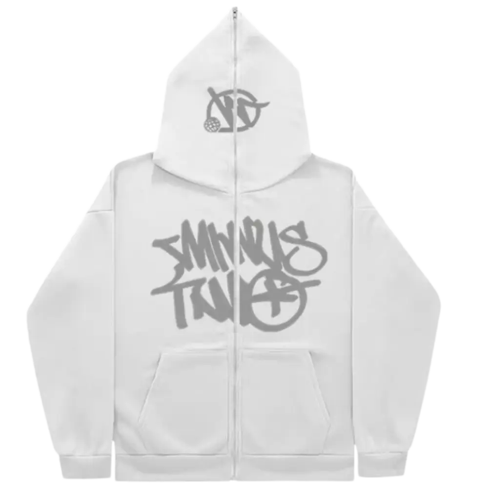 Graffiti Print White Zipper Y2K Hoodie - Trendy Y2K Fashion for Aesthetic Outfits