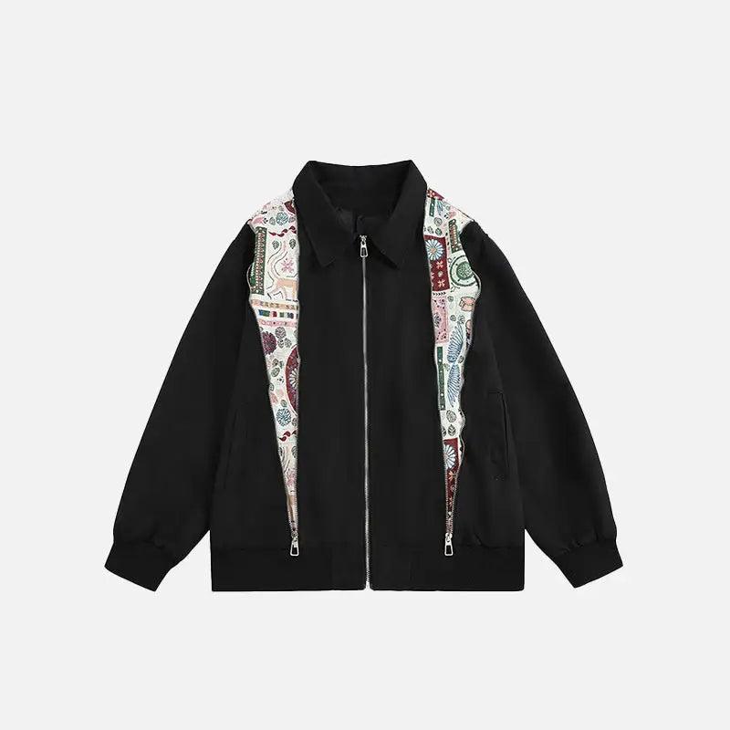 Graphic Printed Oversized Zip-Up Jacket with Ribbed Sleeves in Y2K Style