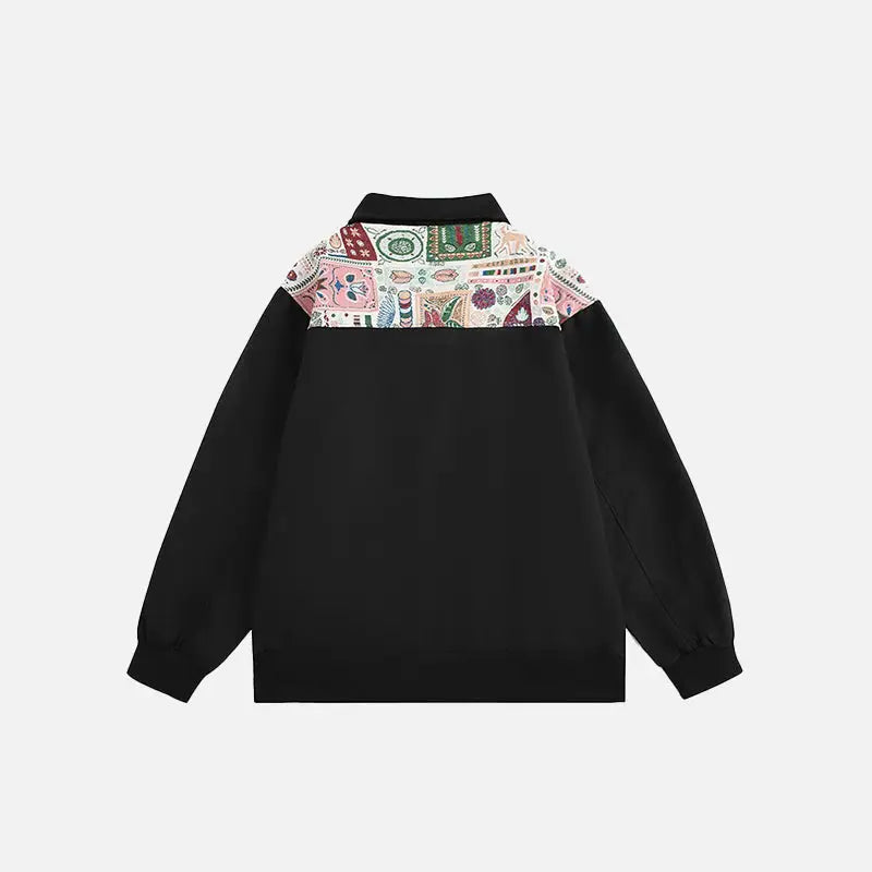 Graphic Printed Oversized Zip-Up Jacket with Ribbed Sleeves in Y2K Style