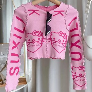 Hello Kitty Y2K Cropped Sweater - Cute Aesthetic Top for Y2K Fashion Lovers