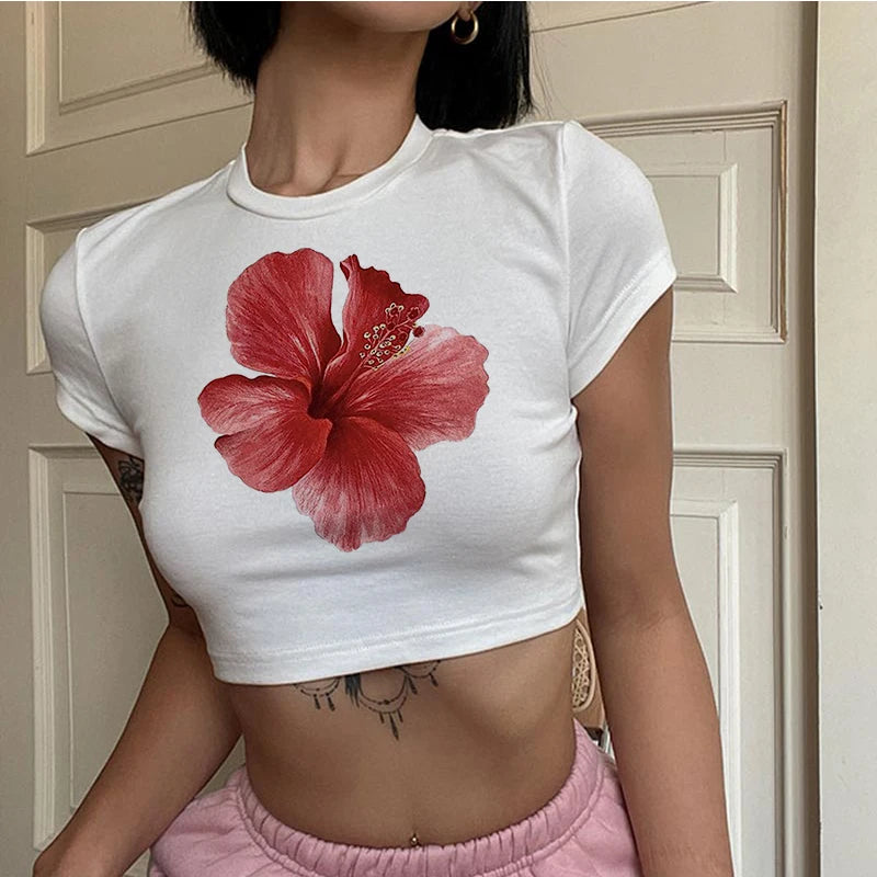 Hibiscus Y2K Aesthetic Baby Tee - Cute Top for Coquette and Grunge Styles