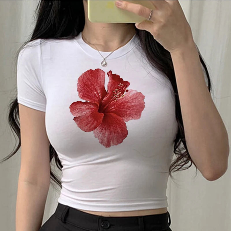 Hibiscus Y2K Aesthetic Baby Tee - Cute Top for Coquette and Grunge Styles