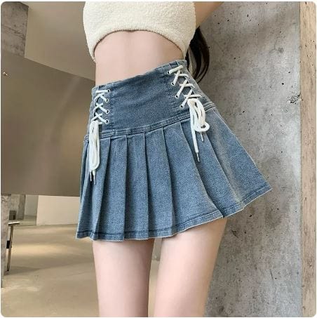 High-Waisted Y2K Denim Mini Skirt for Trendy Coquette and Grunge Aesthetic Outfits