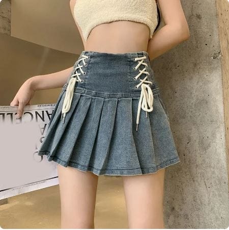 High-Waisted Y2K Denim Mini Skirt for Trendy Coquette and Grunge Aesthetic Outfits