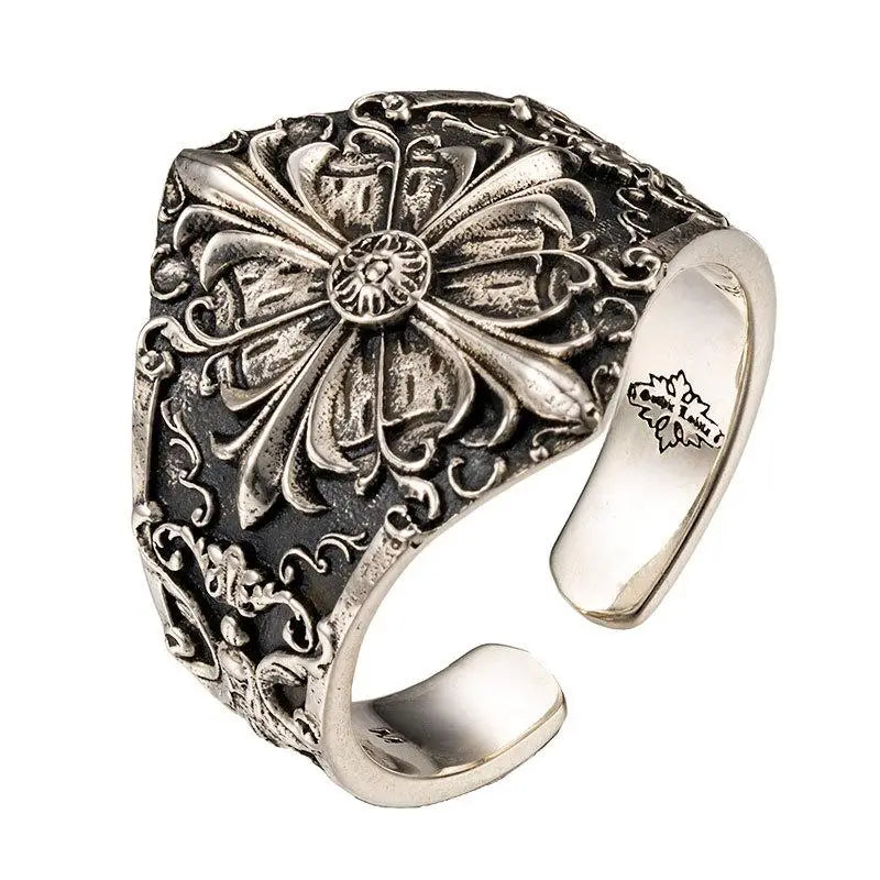 Iris Silver Carved Flower Ring - Y2K Aesthetic Jewelry for Coquette and Grunge Styles