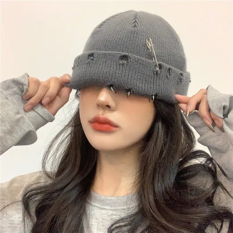 Knitted Ripped Pierced Beanie - Y2K Aesthetic Grunge Style Accessory for Trendy Looks