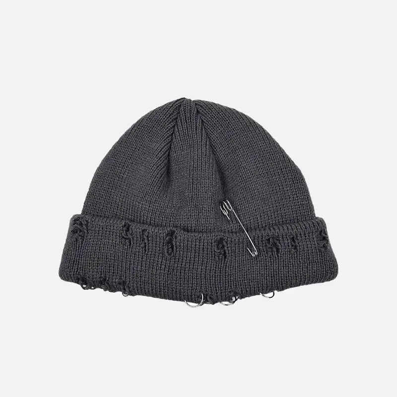 Knitted Ripped Pierced Beanie - Y2K Aesthetic Grunge Style Accessory for Trendy Looks