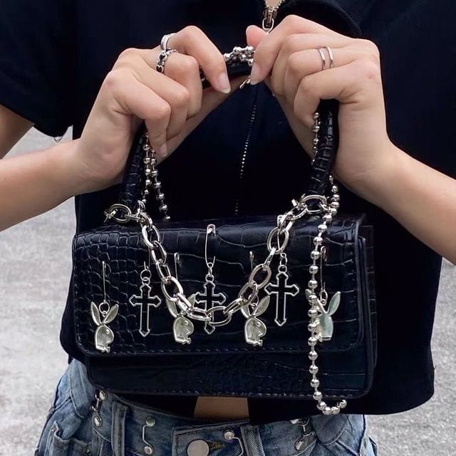 Metal Cross Y2K Handbag: Edgy Grunge Aesthetic Accessory for Y2K Fashion Lovers