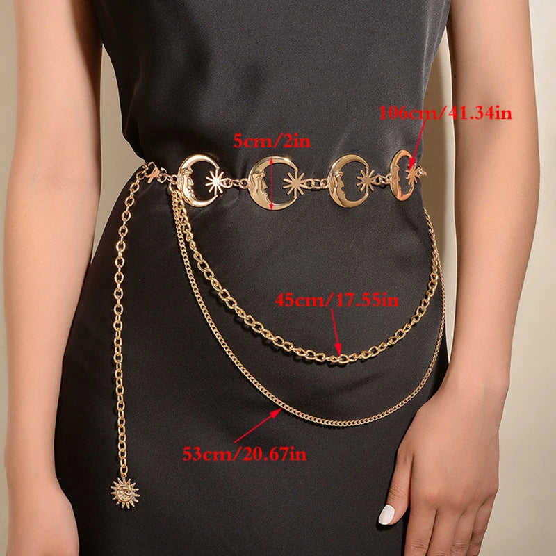 Moon & Star Y2K Aesthetic Waist Chain - Trendy Accessory for Coquette and Grunge Styles