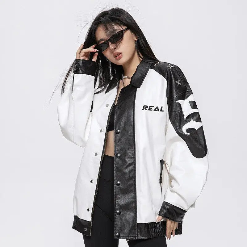 Oversized Color Block Y2K Leather Varsity Jacket for Trendy Aesthetic Outfits