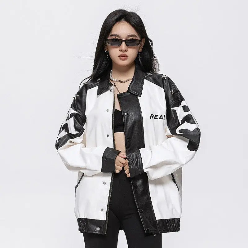 Oversized Color Block Y2K Leather Varsity Jacket for Trendy Aesthetic Outfits