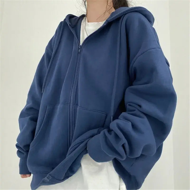 Oversized Solid Color Y2K Zip-Up Hoodie for Comfy Coquette and Grunge Aesthetic Outfits