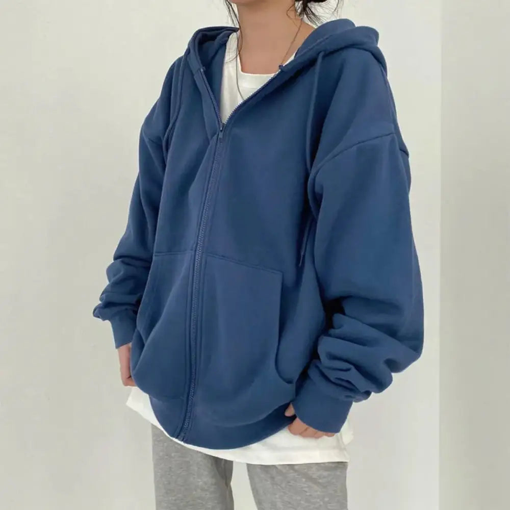 Oversized Solid Color Y2K Zip-Up Hoodie for Comfy Coquette and Grunge Aesthetic Outfits