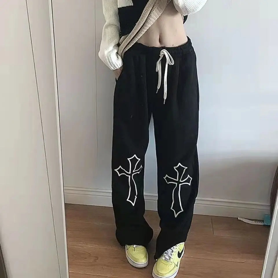 Pantalon Y2K avec Imprimé Croix pour Style Grunge et Streetwear Aesthetic