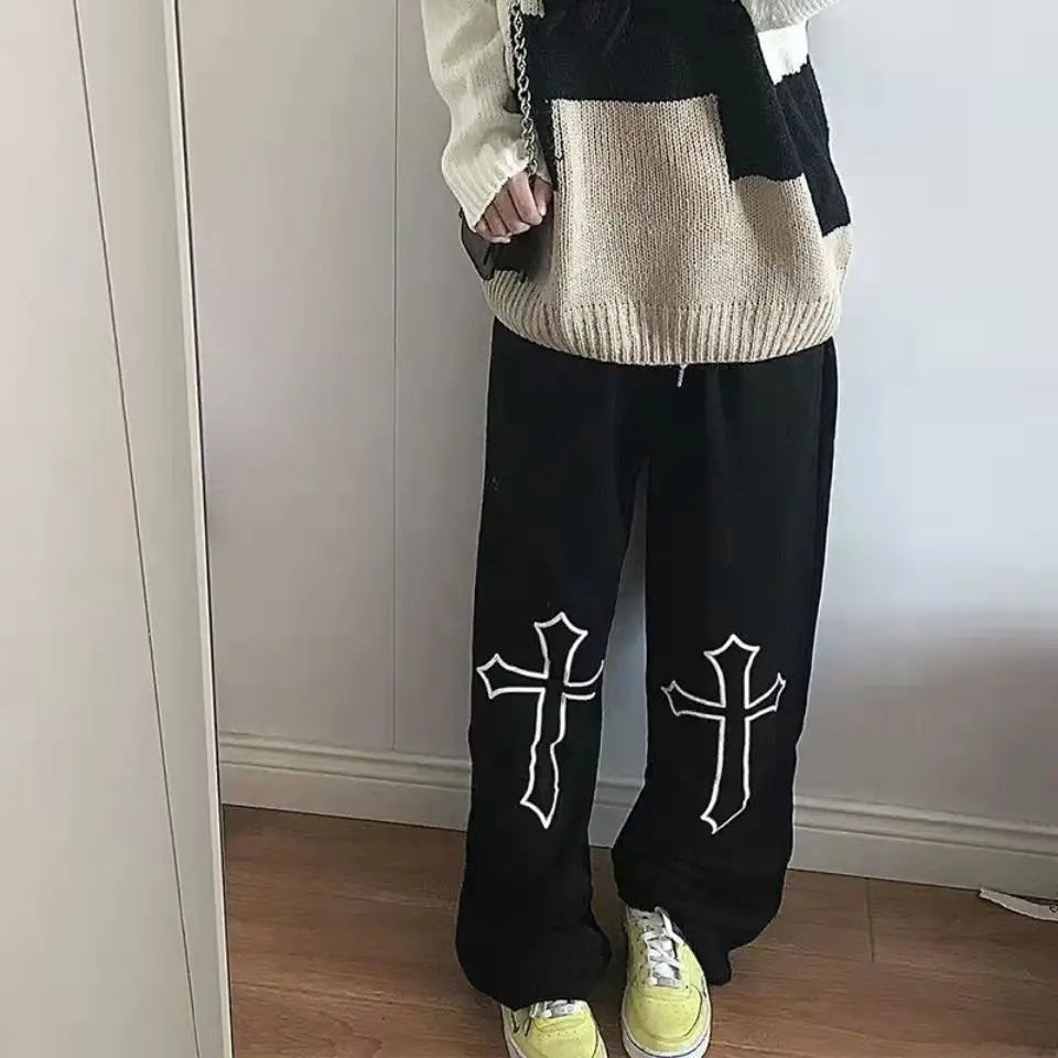 Pantalon Y2K avec Imprimé Croix pour Style Grunge et Streetwear Aesthetic