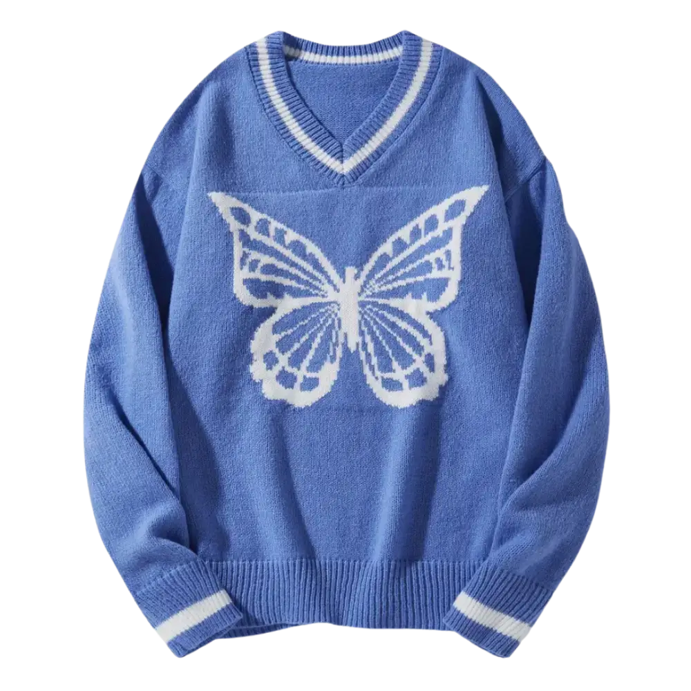 Persian Blue Y2K Butterfly Sweater - Cozy 400gsm Knit for Aesthetic Outfits