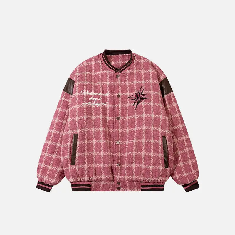 Plaid Star Print Y2K Varsity Jacket for Trendy Aesthetic Outfits