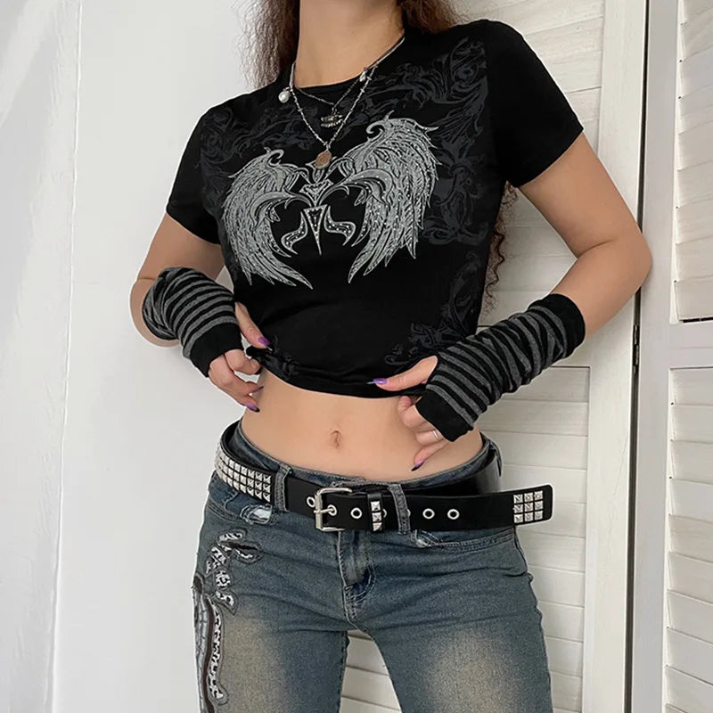 Punk Y2K Aesthetic Slim Fit Tee - Edgy Grunge Style Top for Trendy Outfits