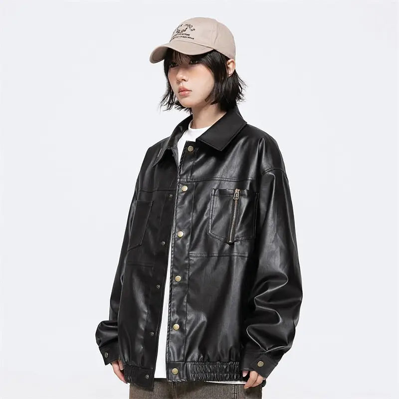 Retro Y2K Black Waterproof Leather Jacket for Edgy Grunge Aesthetic Style