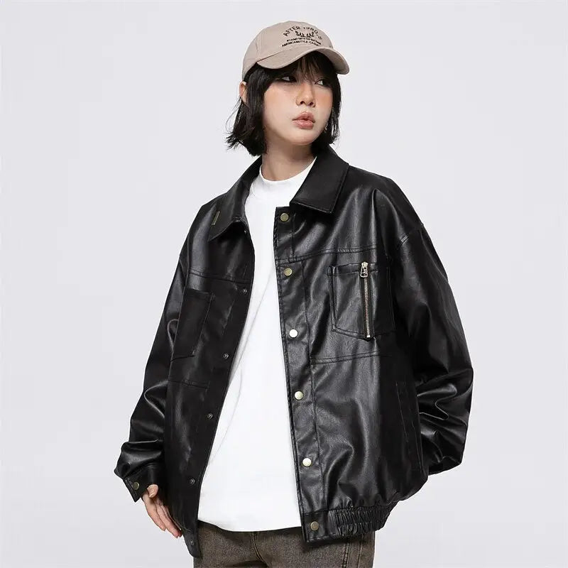 Retro Y2K Black Waterproof Leather Jacket for Edgy Grunge Aesthetic Style