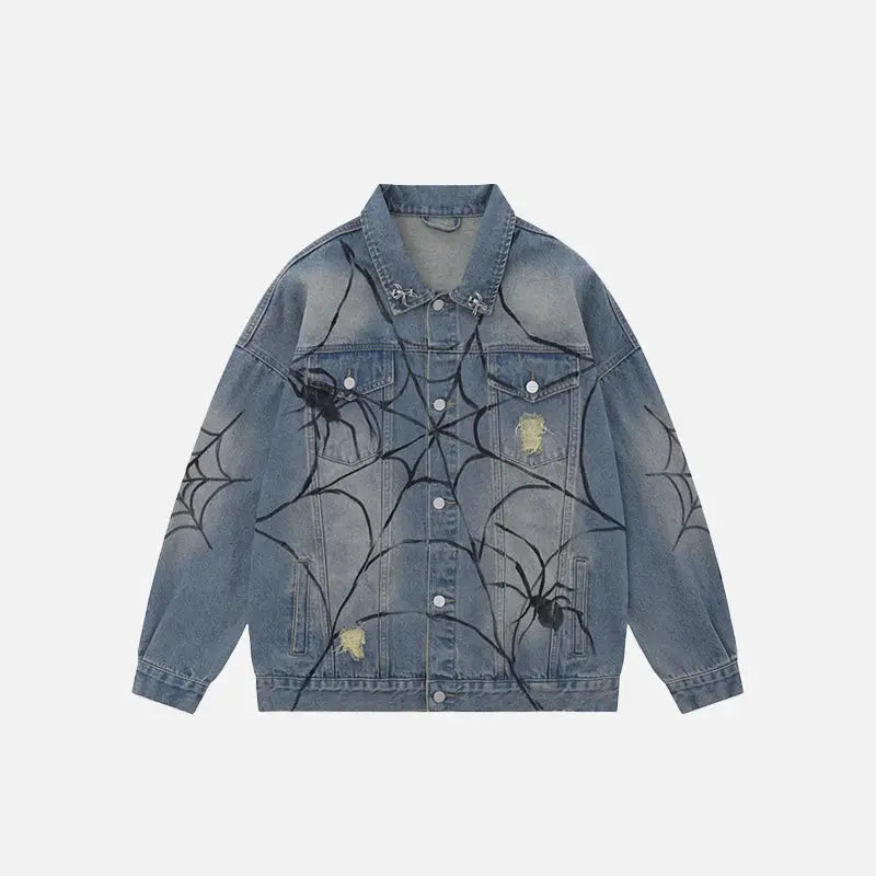 Retro Y2K Spider Web Denim Jacket - Edgy Grunge Aesthetic Outerwear for Unique Style