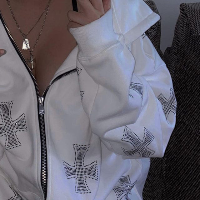 Rhinestone Cross Y2K Aesthetic Hoodie & Sweatpants Set for Trendy Outfits