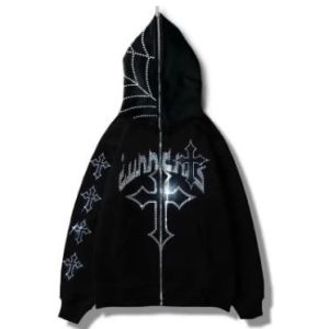 Rhinestone Cross Y2K Hoodie - Trendy Grunge Aesthetic Top for Y2K Fashion Lovers