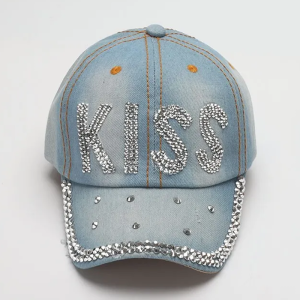 Rhinestone-Embellished Denim Cap for Y2K Fashion and Coquette Aesthetic Styles