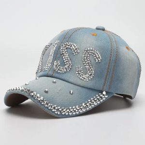 Rhinestone-Embellished Denim Cap for Y2K Fashion and Coquette Aesthetic Styles