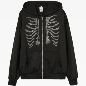 Rhinestone Skeleton Hoodie - Y2K Grunge Aesthetic Comfy Top for Edgy Fashion Lovers