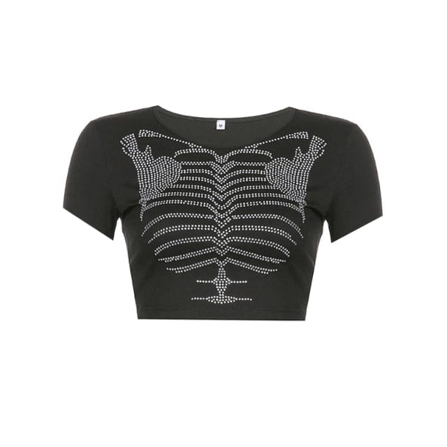 Rhinestone Skeleton Y2K Crop Top - Edgy Grunge Aesthetic Cute Top for Y2K Fashion Lovers