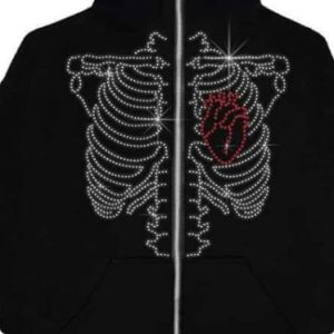 Rhinestone Skeleton Y2K Hoodie: Edgy Grunge Aesthetic Full Zip Top for Unique Style