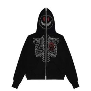 Rhinestone Skeleton Y2K Hoodie: Edgy Grunge Aesthetic Full Zip Top for Unique Style