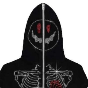 Rhinestone Skeleton Y2K Hoodie: Edgy Grunge Aesthetic Full Zip Top for Unique Style